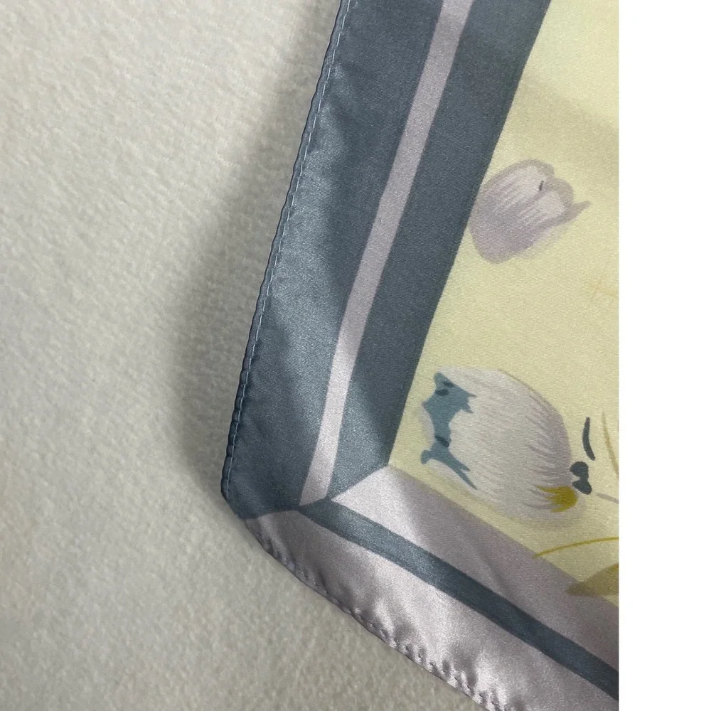 100% Silk Square Scarf Floral Tulip Print Blue Cream Large 42 Inch
